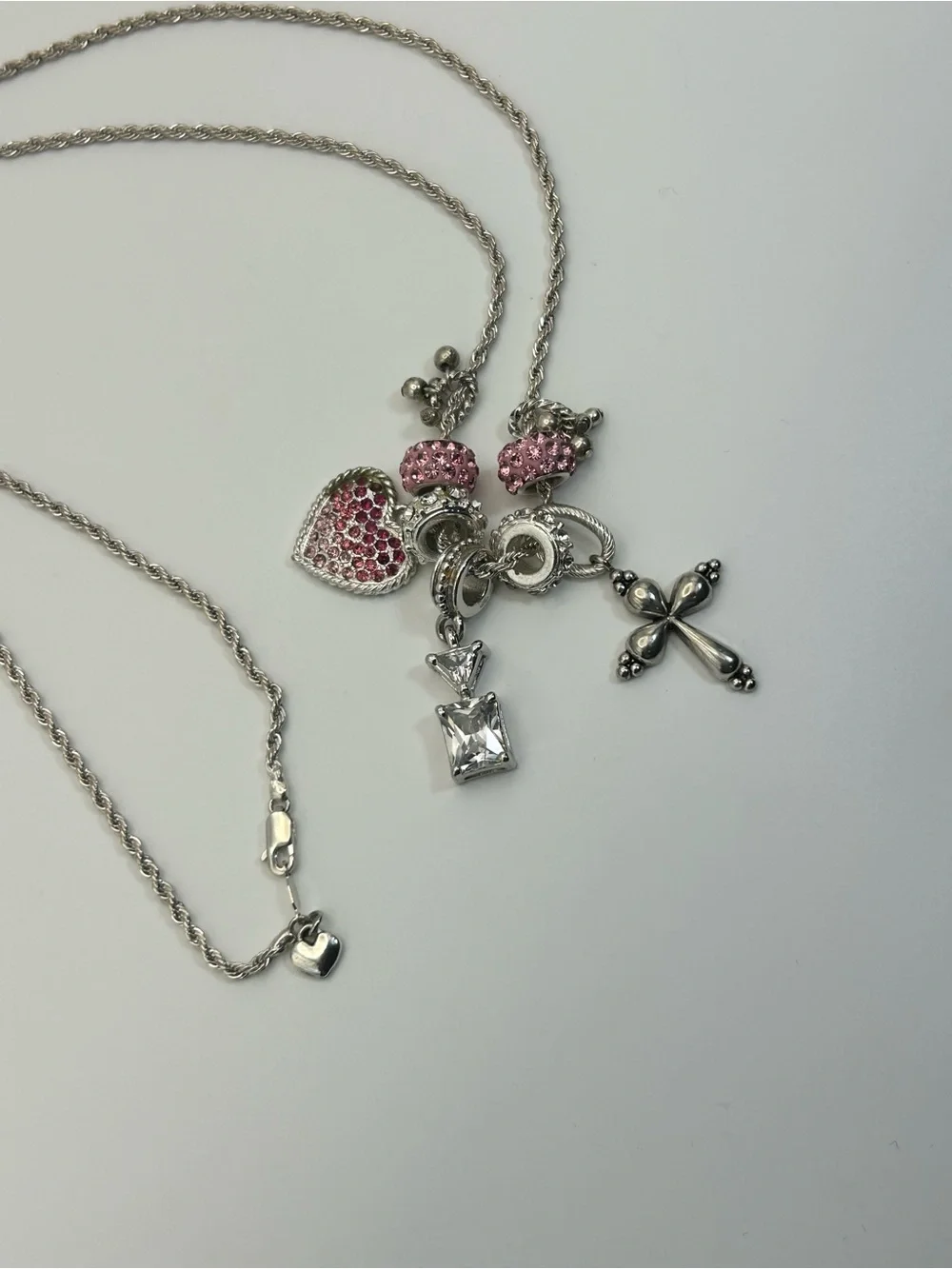 Sparkling Pink Crystals Charm Necklace Silver-tone Cross 30